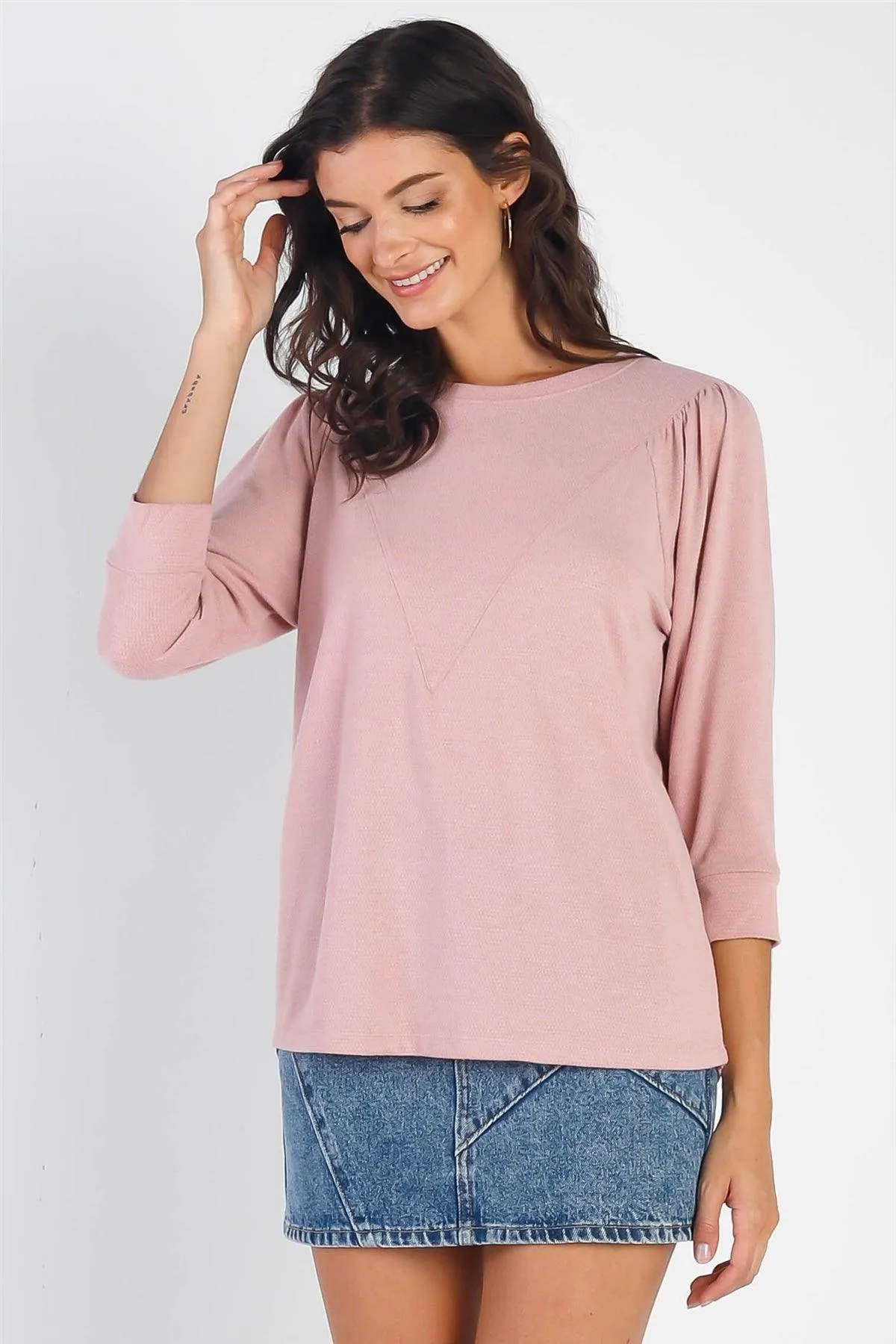 Pink Textured Crew Neck Midi Sleeve Knit Top