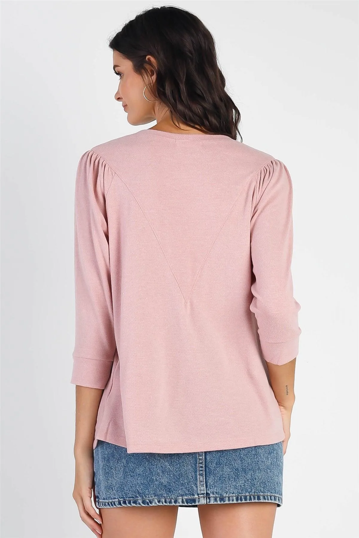 Pink Textured Crew Neck Midi Sleeve Knit Top