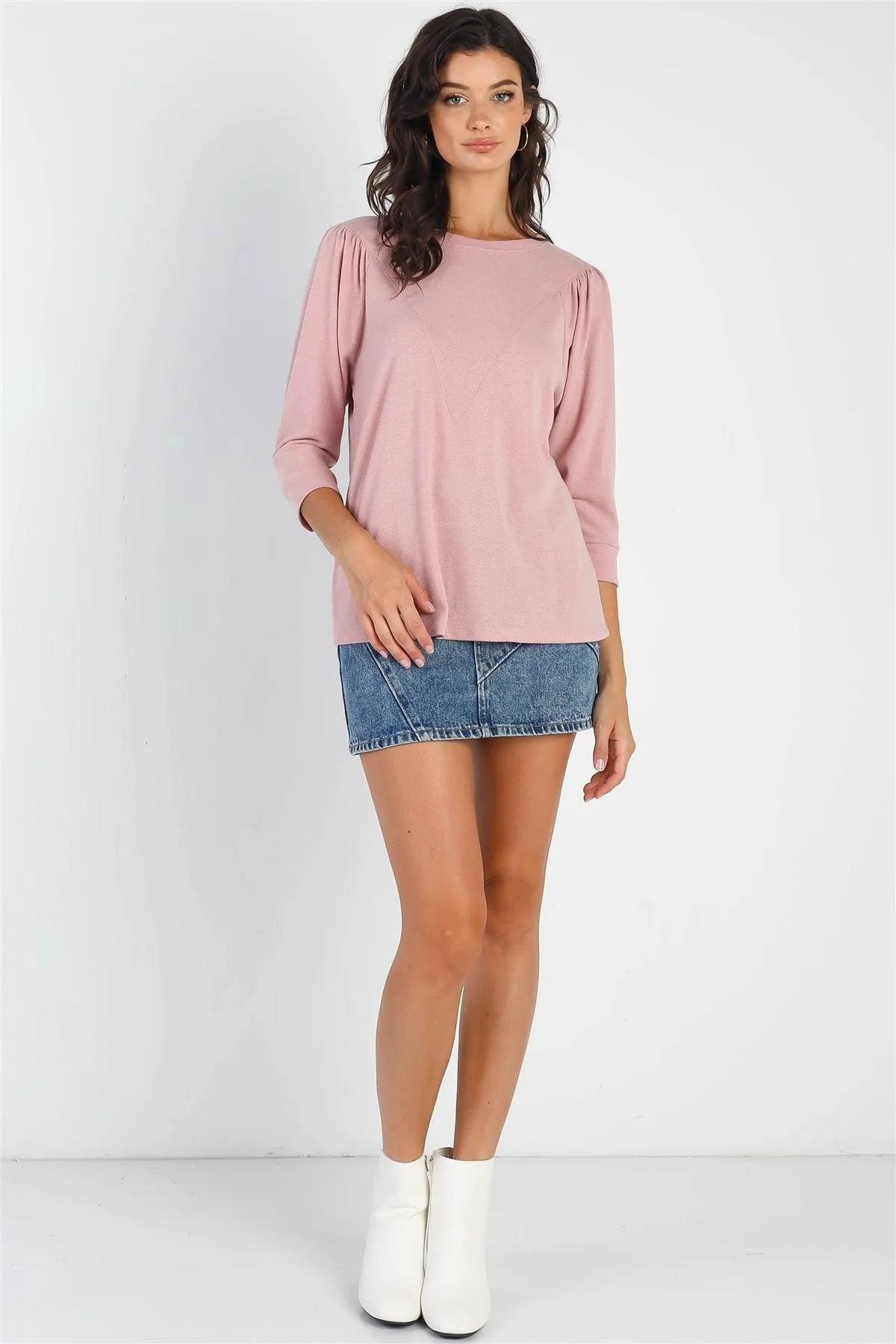 Pink Textured Crew Neck Midi Sleeve Knit Top