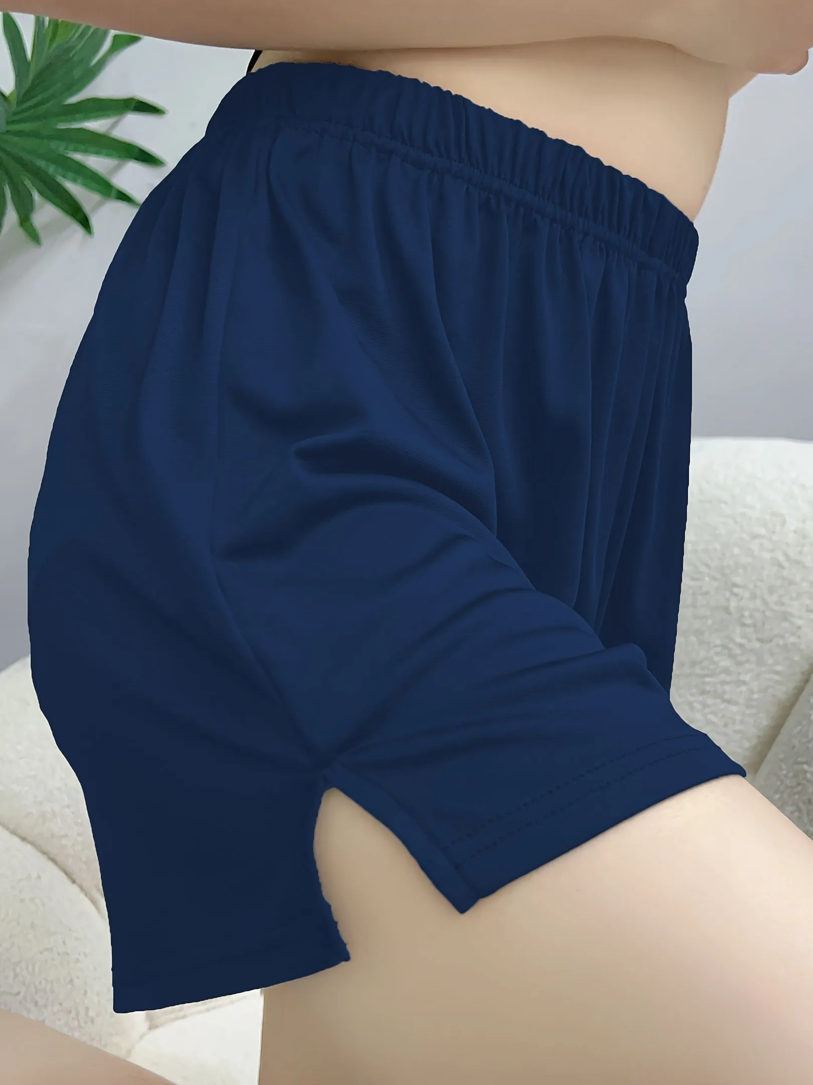 Plus Size Simple Pajama Bottoms for Women - Solid Elastic Waist Split Hem Loose Loungewear Shorts"