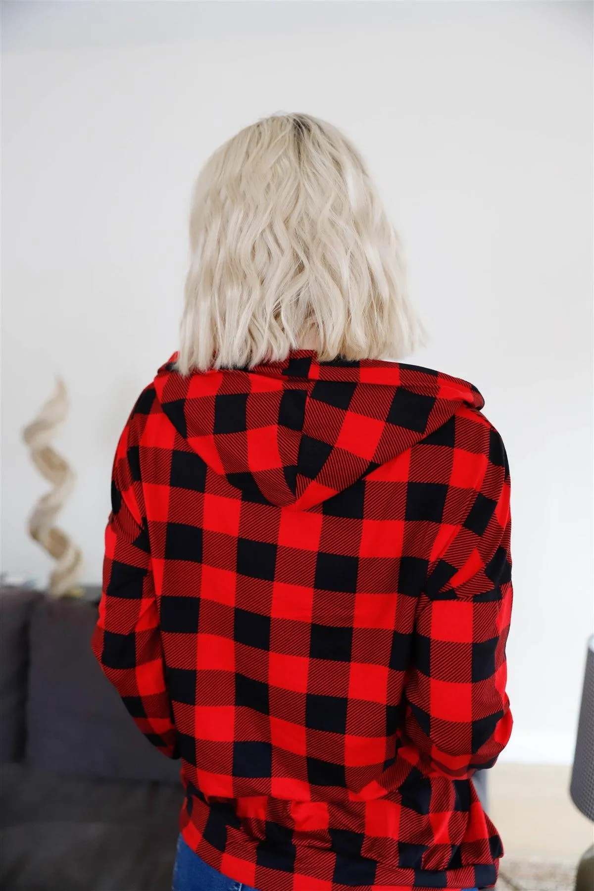 Red & Black Plaid Long Sleeve Hooded Sweater /2-4