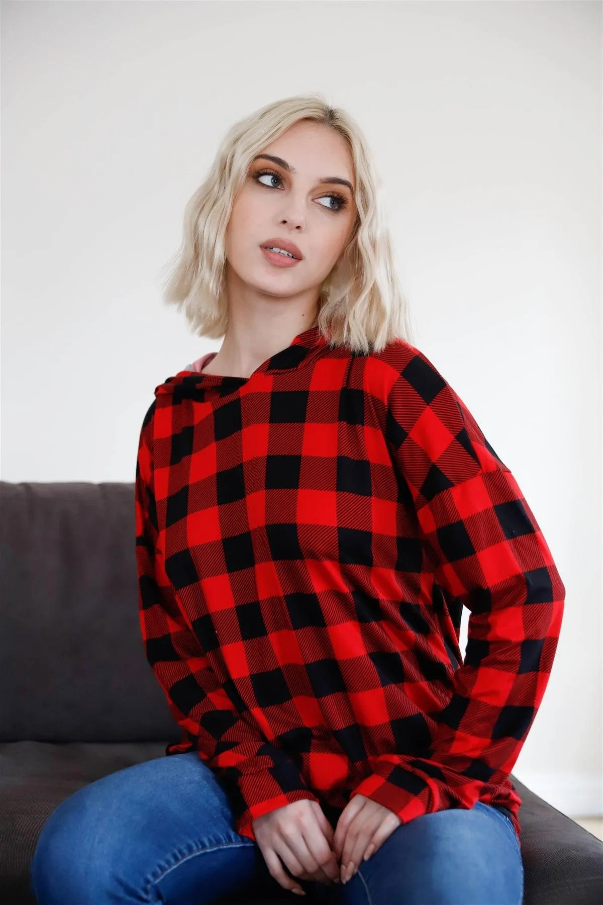 Red & Black Plaid Long Sleeve Hooded Sweater /2-4