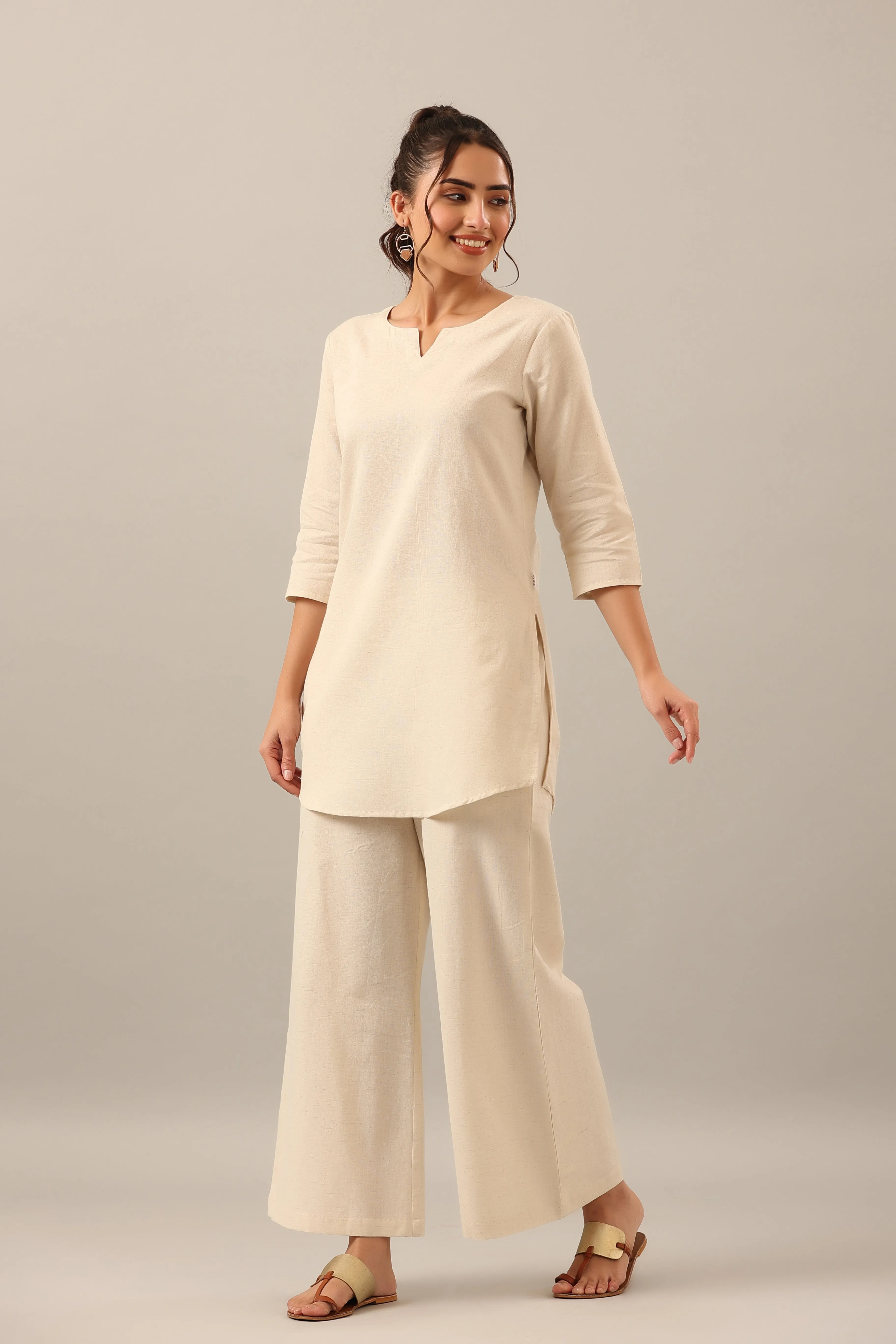 Solid Off White Cotton Flex Palazzo Loungewear Set