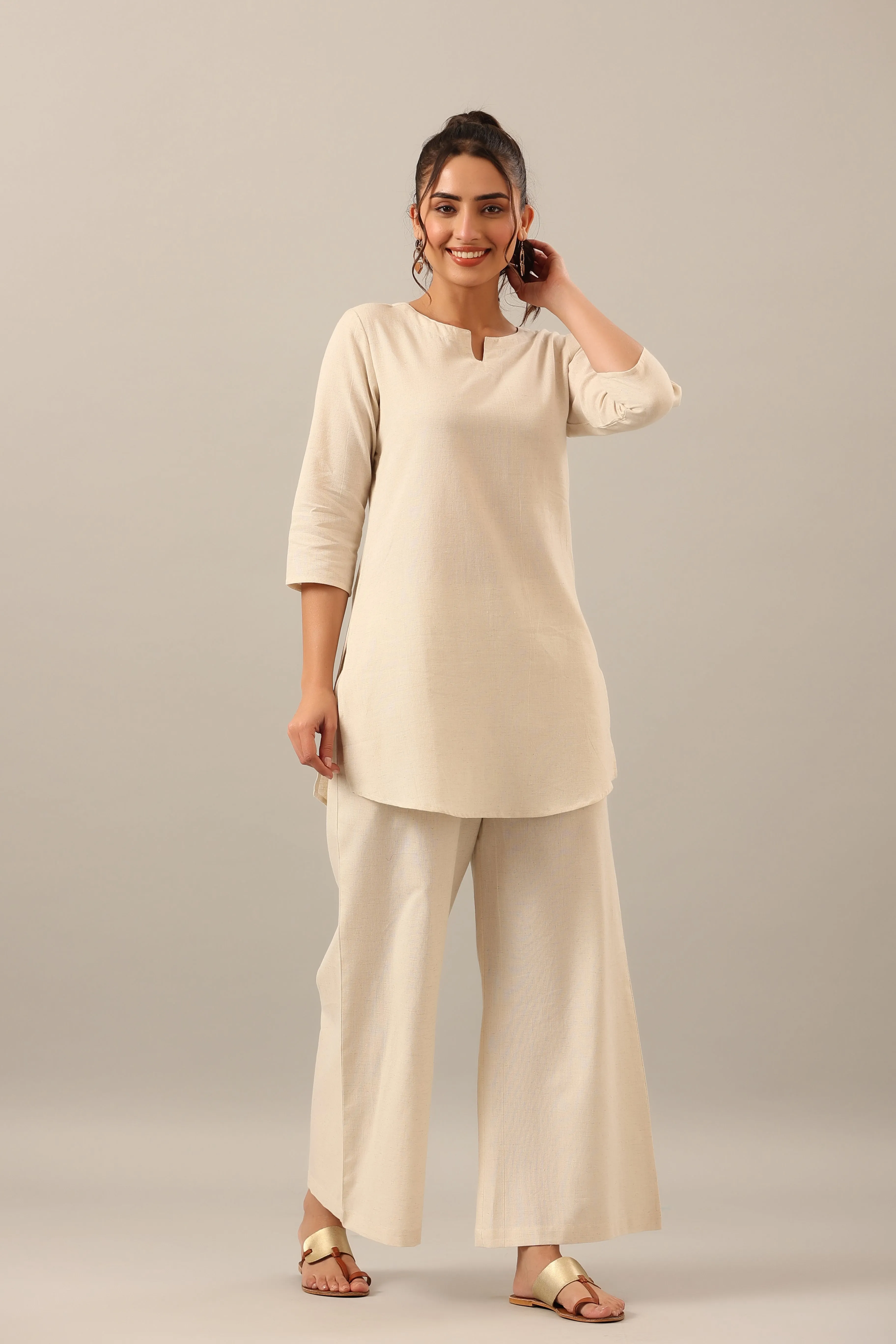 Solid Off White Cotton Flex Palazzo Loungewear Set