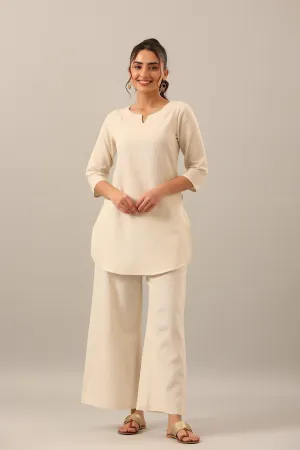 Solid Off White Cotton Flex Palazzo Loungewear Set