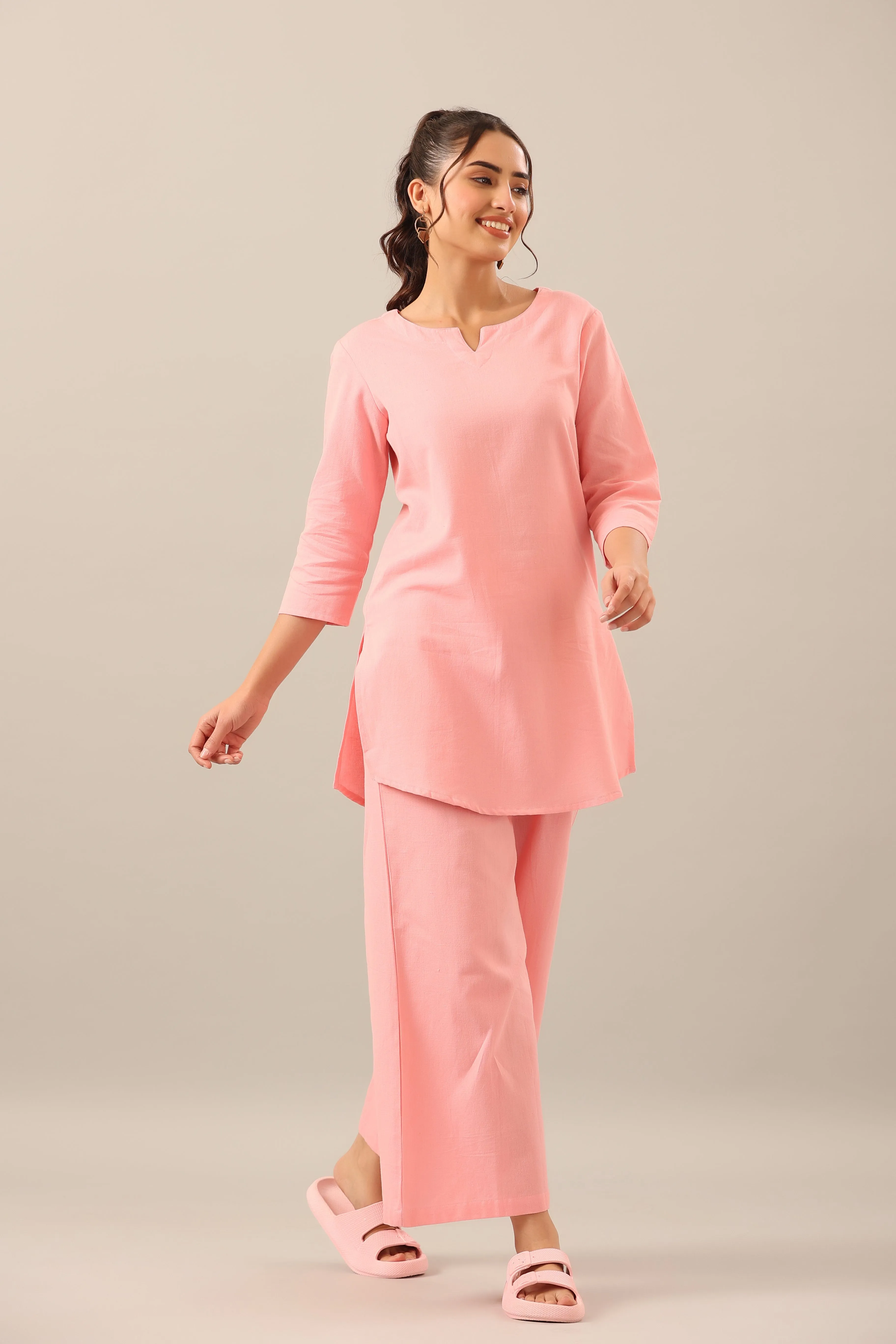 Solid Pink Cotton Flex Palazzo Loungewear Set