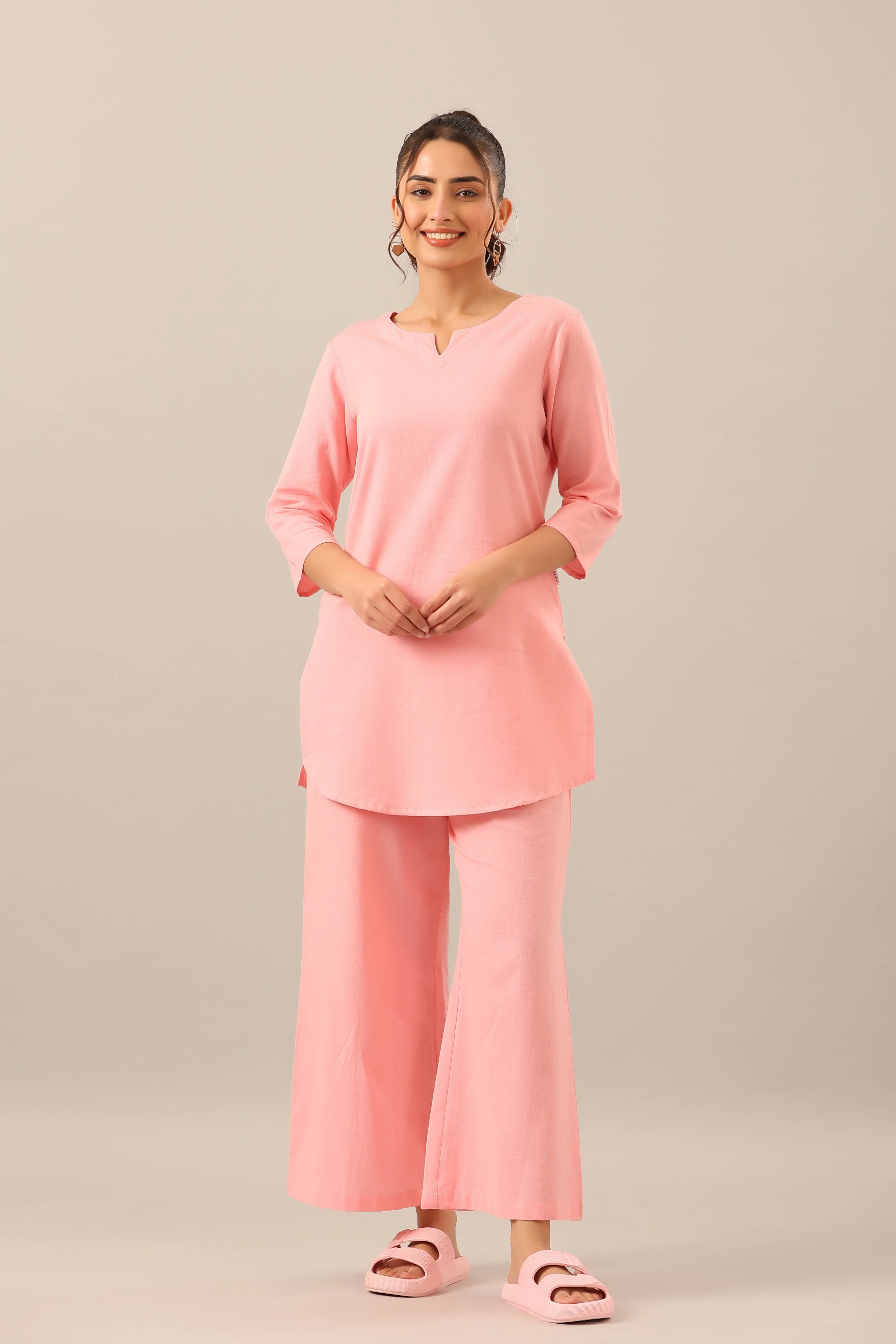 Solid Pink Cotton Flex Palazzo Loungewear Set