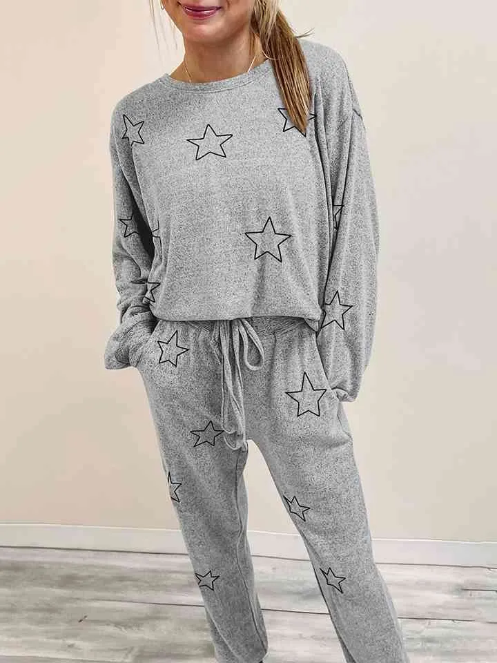 Star Print Long Sleeve Top and Pants Lounge Set