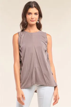 Stone Drawstring Crew Neck Relaxed Fit Tunic Top