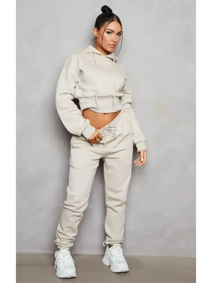 Stone Long Sleeve Cropped Fleece Hoodie and Cuffed Joggers Set