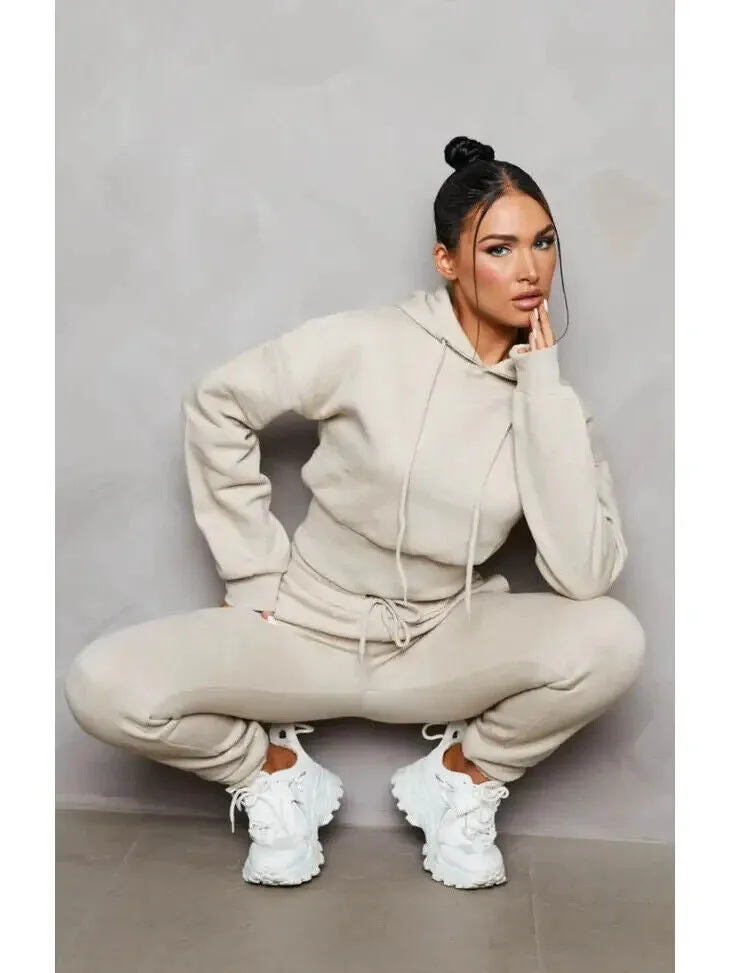 Stone Long Sleeve Cropped Fleece Hoodie and Cuffed Joggers Set