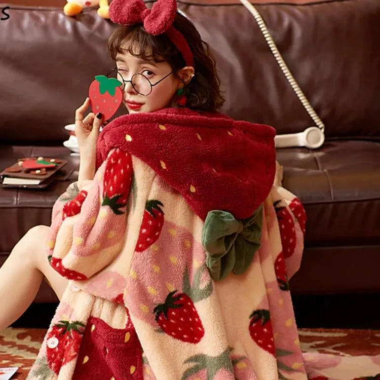 Strawberry Print Hooded Robe