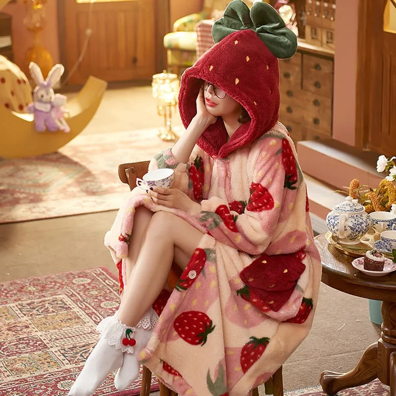 Strawberry Print Hooded Robe