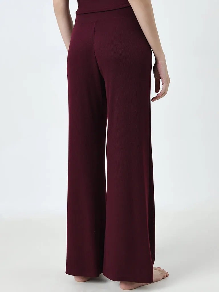 Superstar Burgundy Ribbed Textured Mid-Rise Pants