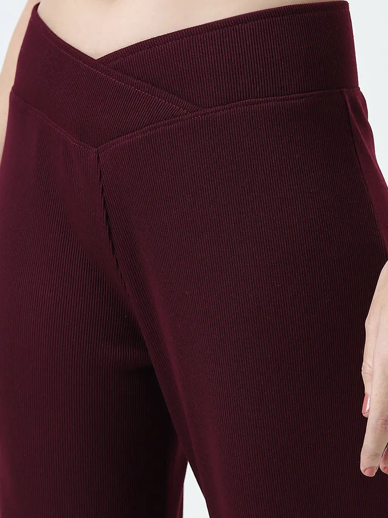 Superstar Burgundy Ribbed Textured Mid-Rise Pants