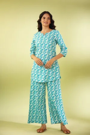 Turquoise  Vine on White Cotton Loungewear Set