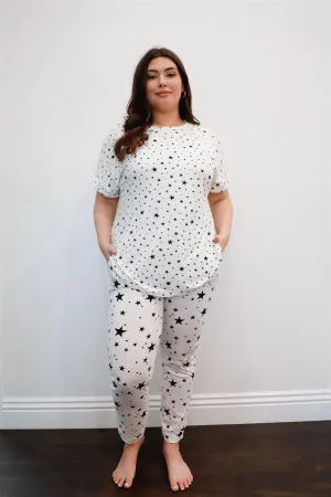 White Star Print Loose T-Shirt & Sweatpants Set /1-1-1