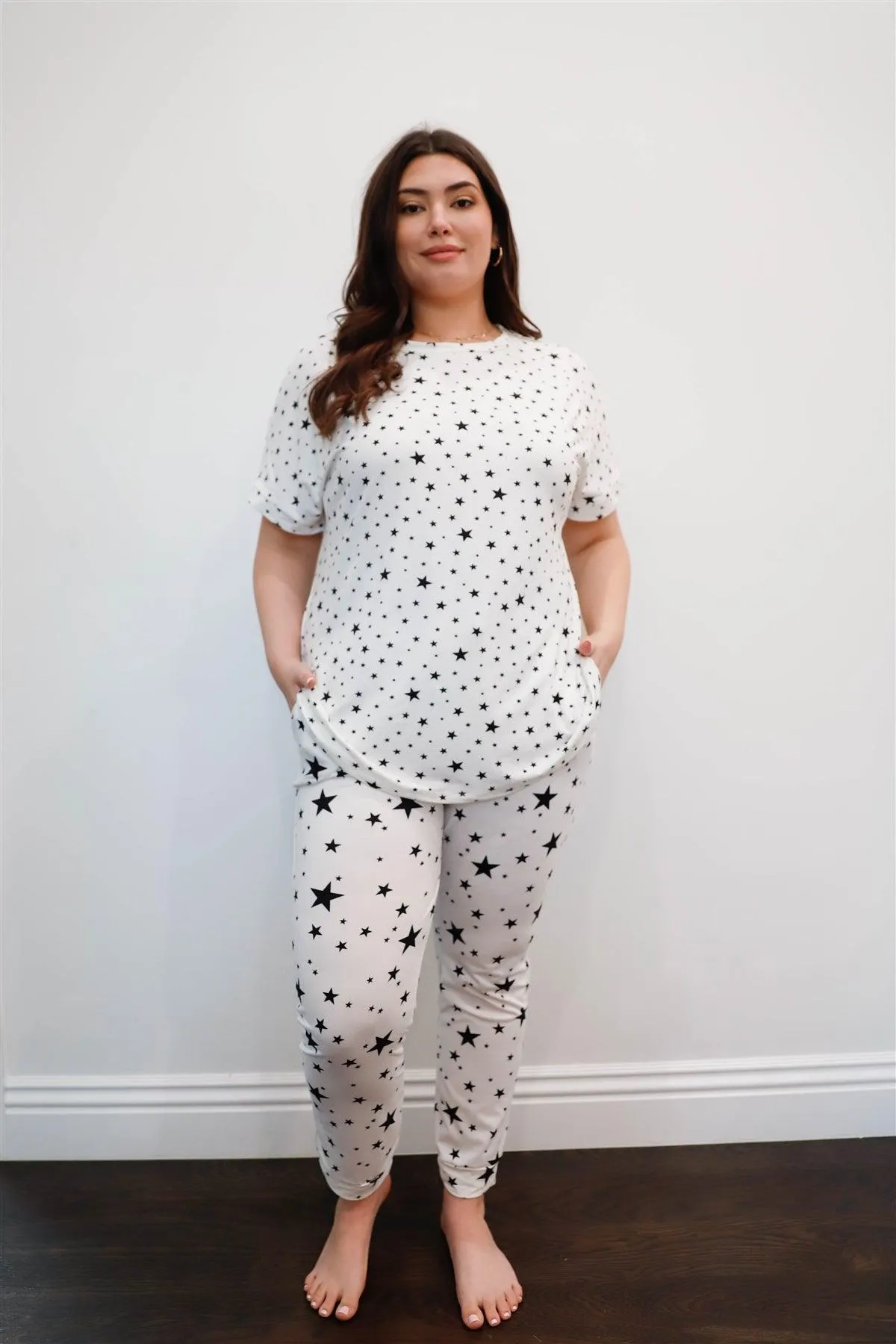 White Star Print Loose T-Shirt & Sweatpants Set /1-1-1