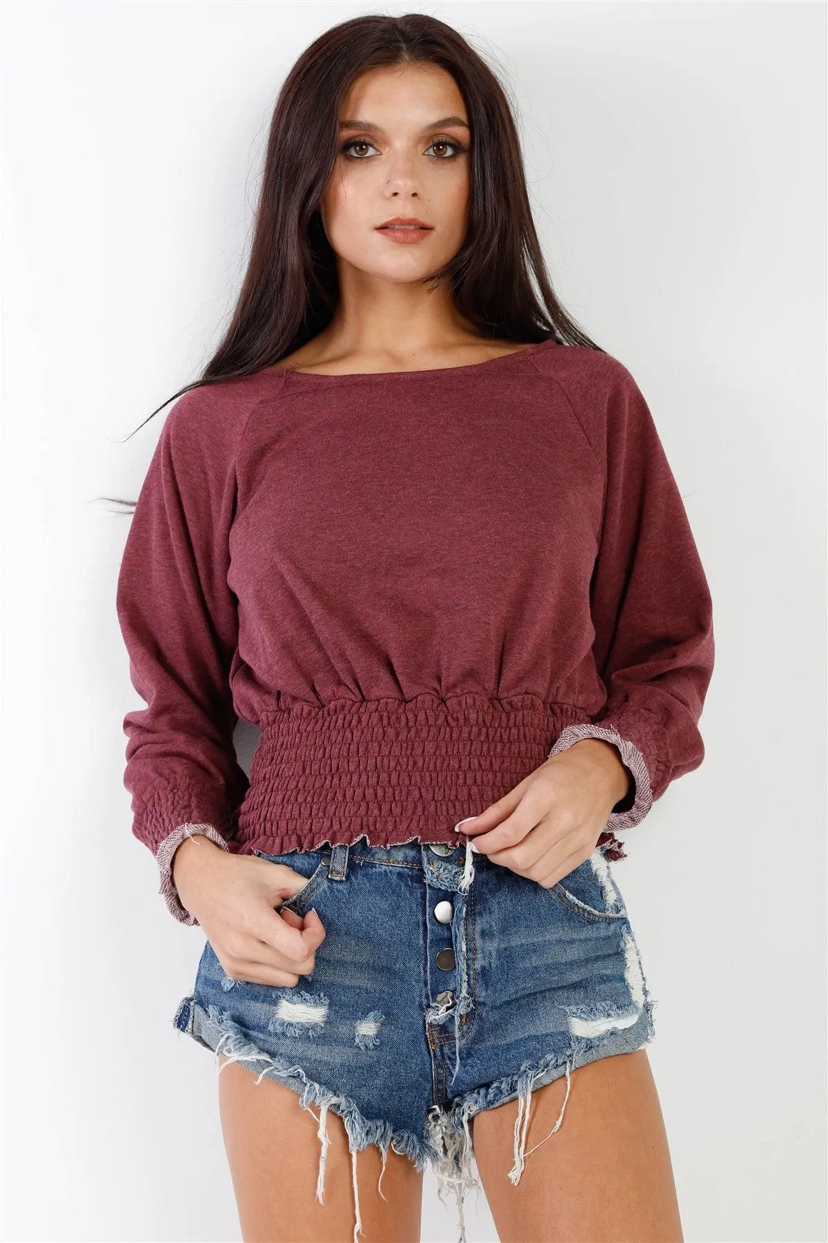 Wine Smocked Waistline Detail Long Sleeve Top /3-1-1