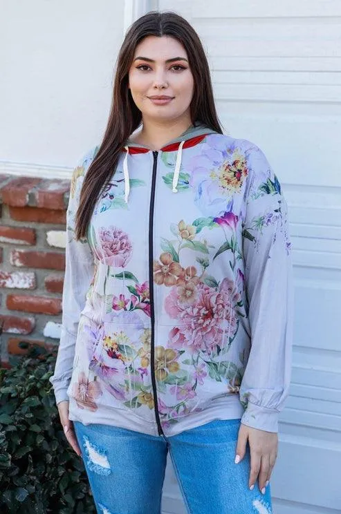 Women & Plus Size Floral Print Zip-Up Hooded Sweatshirt