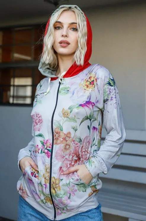 Women & Plus Size Floral Print Zip-Up Hooded Sweatshirt