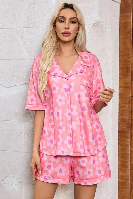 Women Flower Print Short Sleeve Shirt Pajamas Set