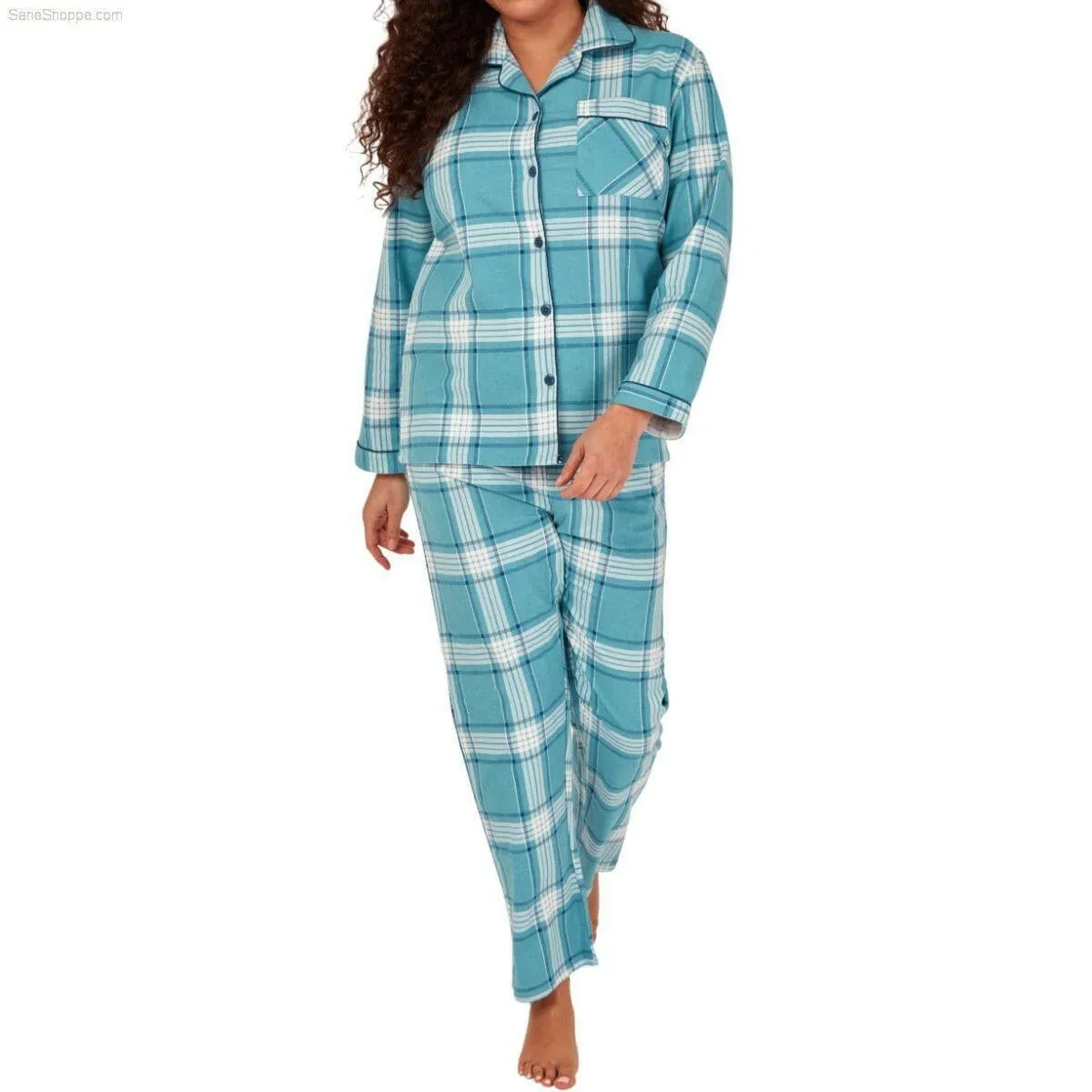 Women's Brushed Cotton Long Sleeve Wincey Pyjama Set Loungewear Spice red Ocean blue