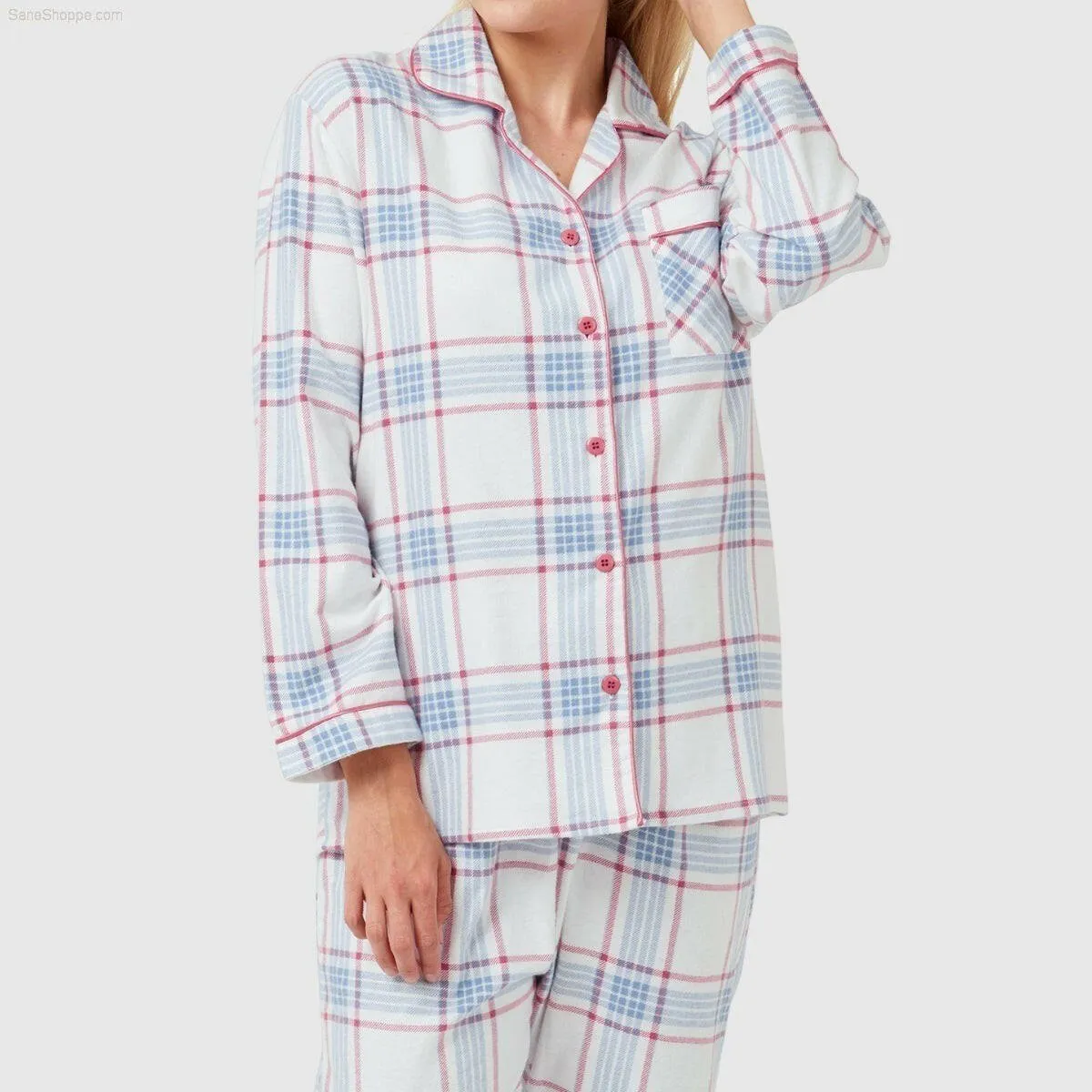 Women's Brushed Cotton Long Sleeve Wincey Pyjama Set Loungewear Spice red Ocean blue