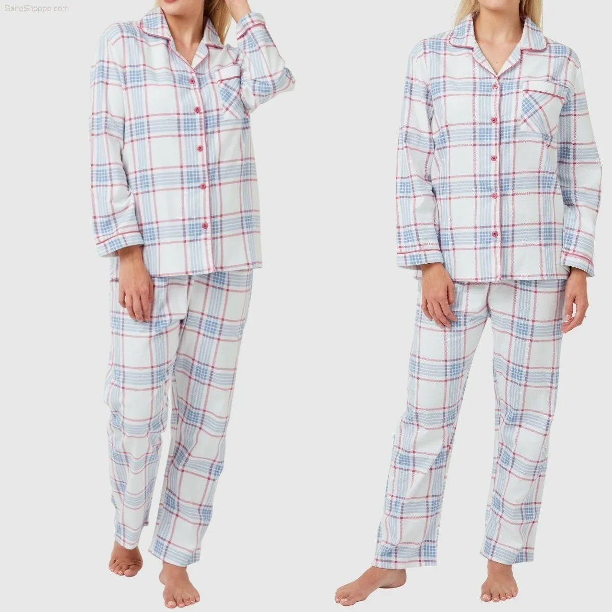 Women's Brushed Cotton Long Sleeve Wincey Pyjama Set Loungewear Spice red Ocean blue