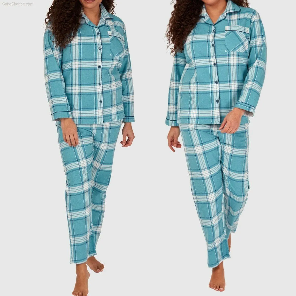 Women's Brushed Cotton Long Sleeve Wincey Pyjama Set Loungewear Spice red Ocean blue