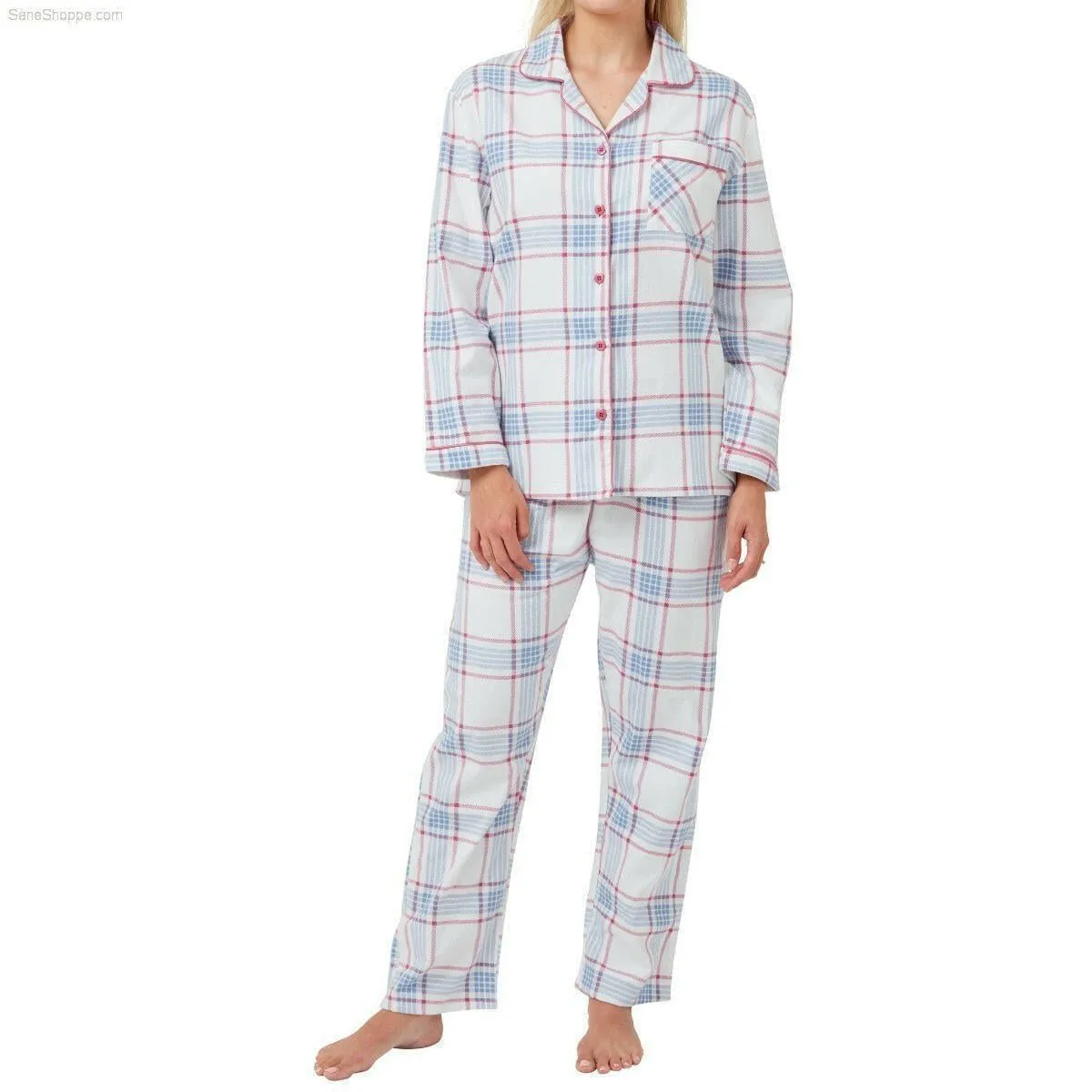 Women's Brushed Cotton Long Sleeve Wincey Pyjama Set Loungewear Spice red Ocean blue