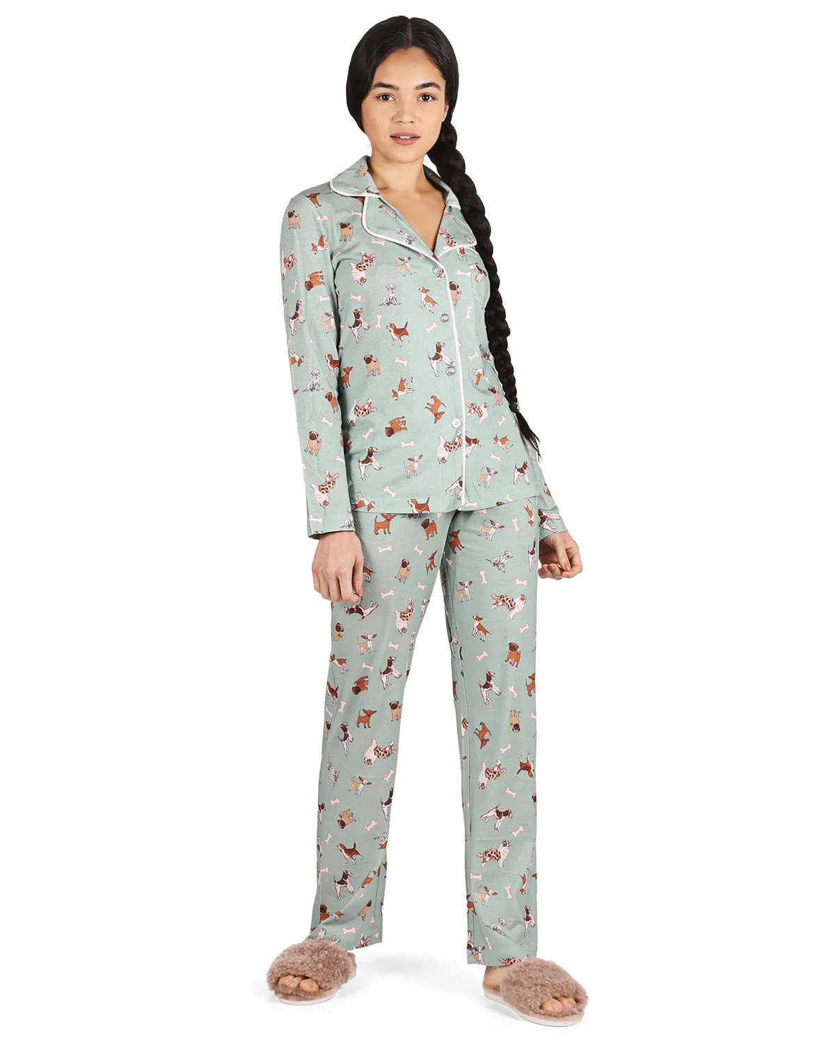 Women's Dog and Bone Notch Collar Cotton Blend Pant Pajama Set