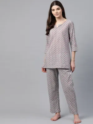 Women'S Grey Printed Loungewear/Nightwear