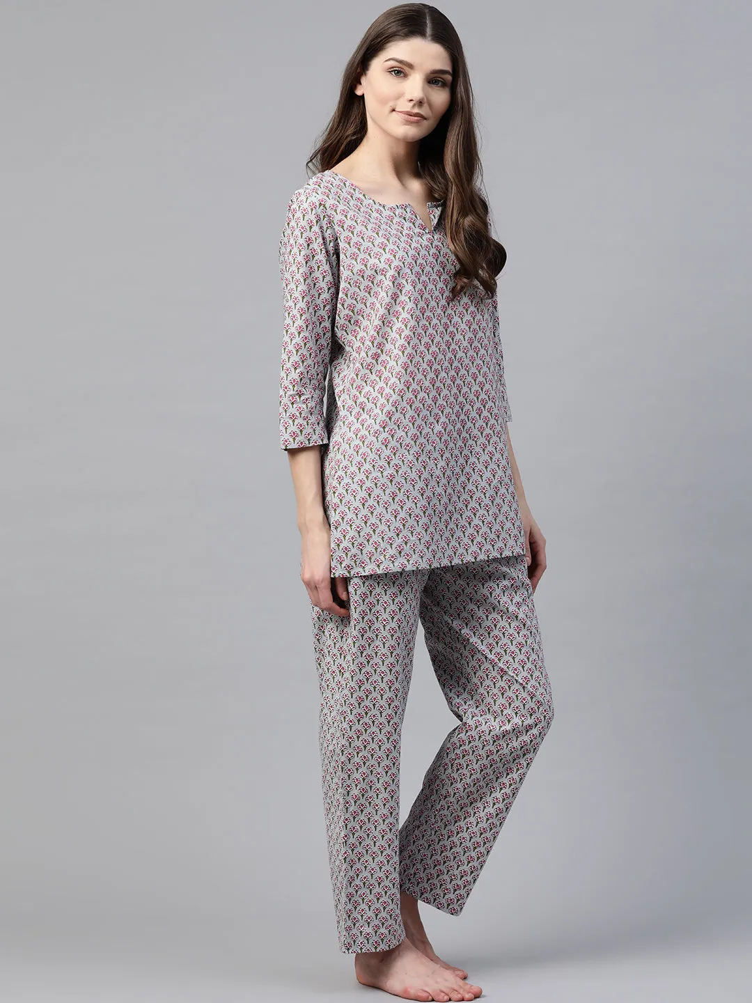 Women'S Grey Printed Loungewear/Nightwear