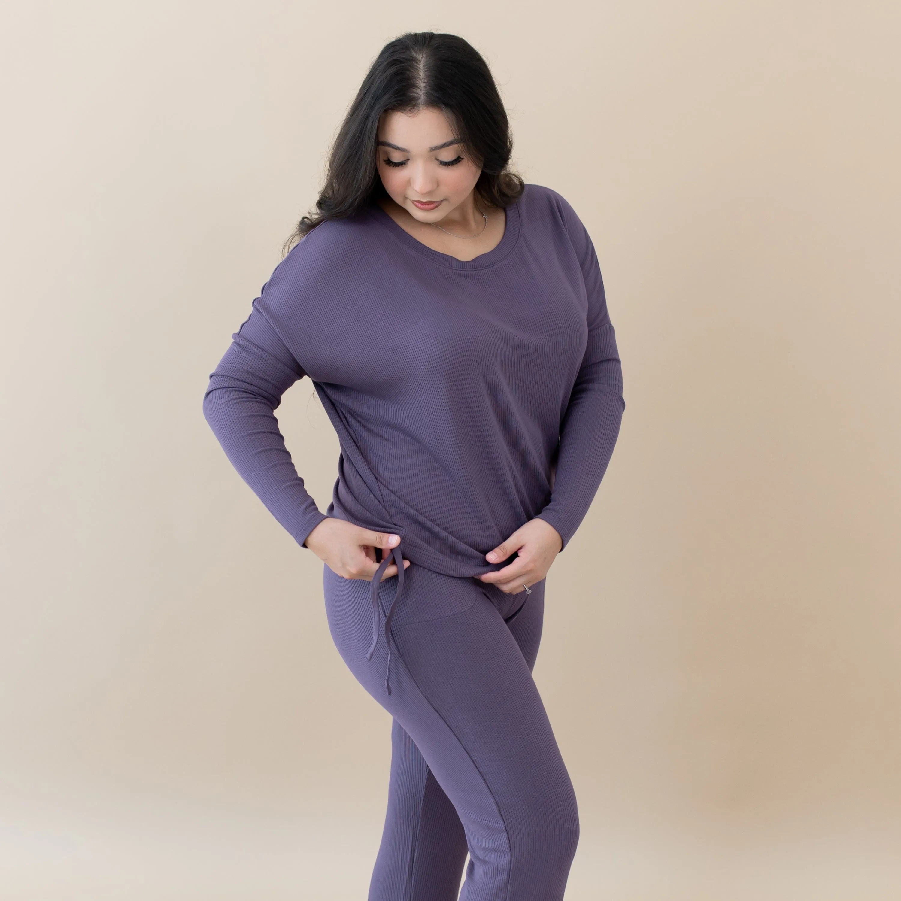 Women's Ribbed Long Sleeve Drop Shoulder Top in Currant