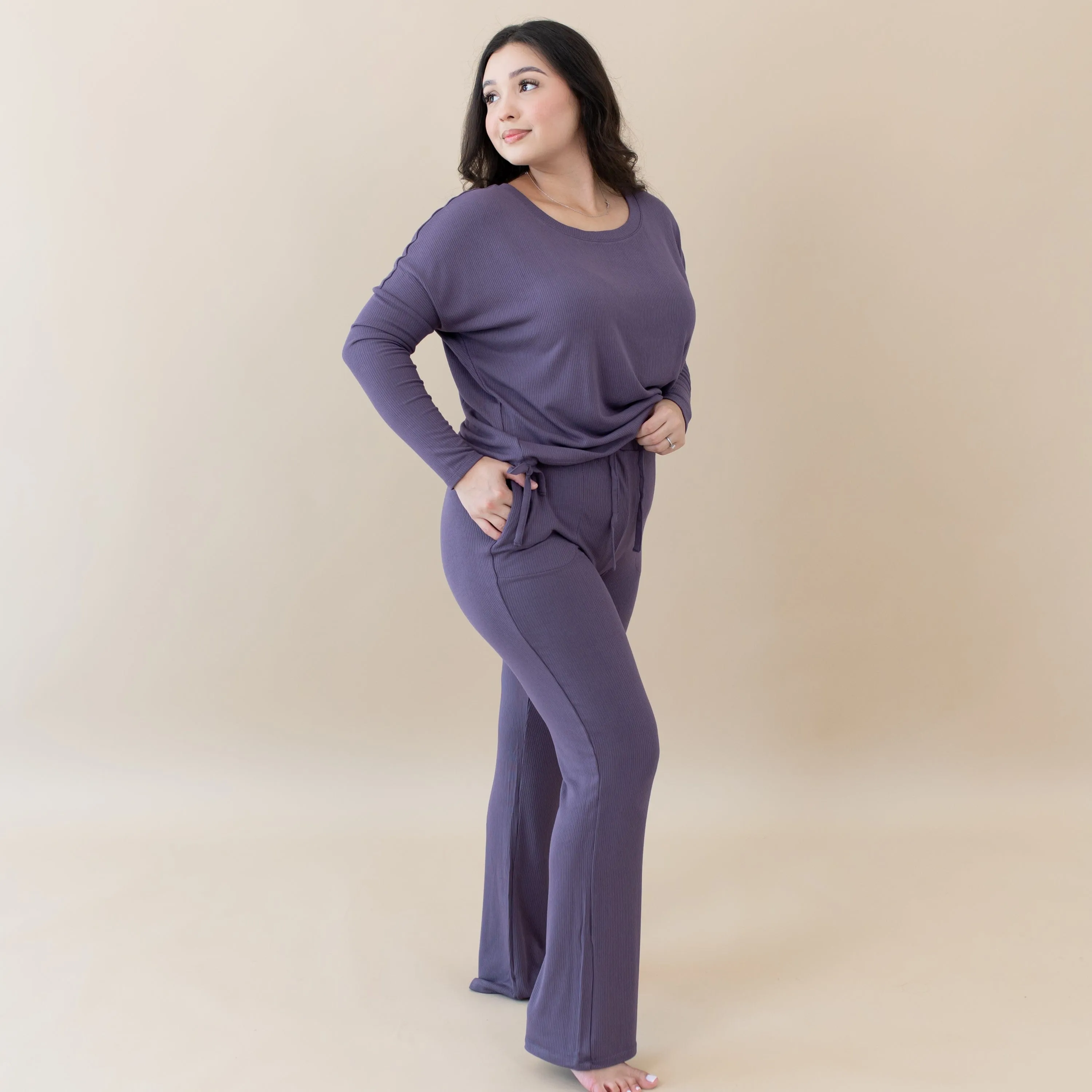 Women's Ribbed Long Sleeve Drop Shoulder Top in Currant