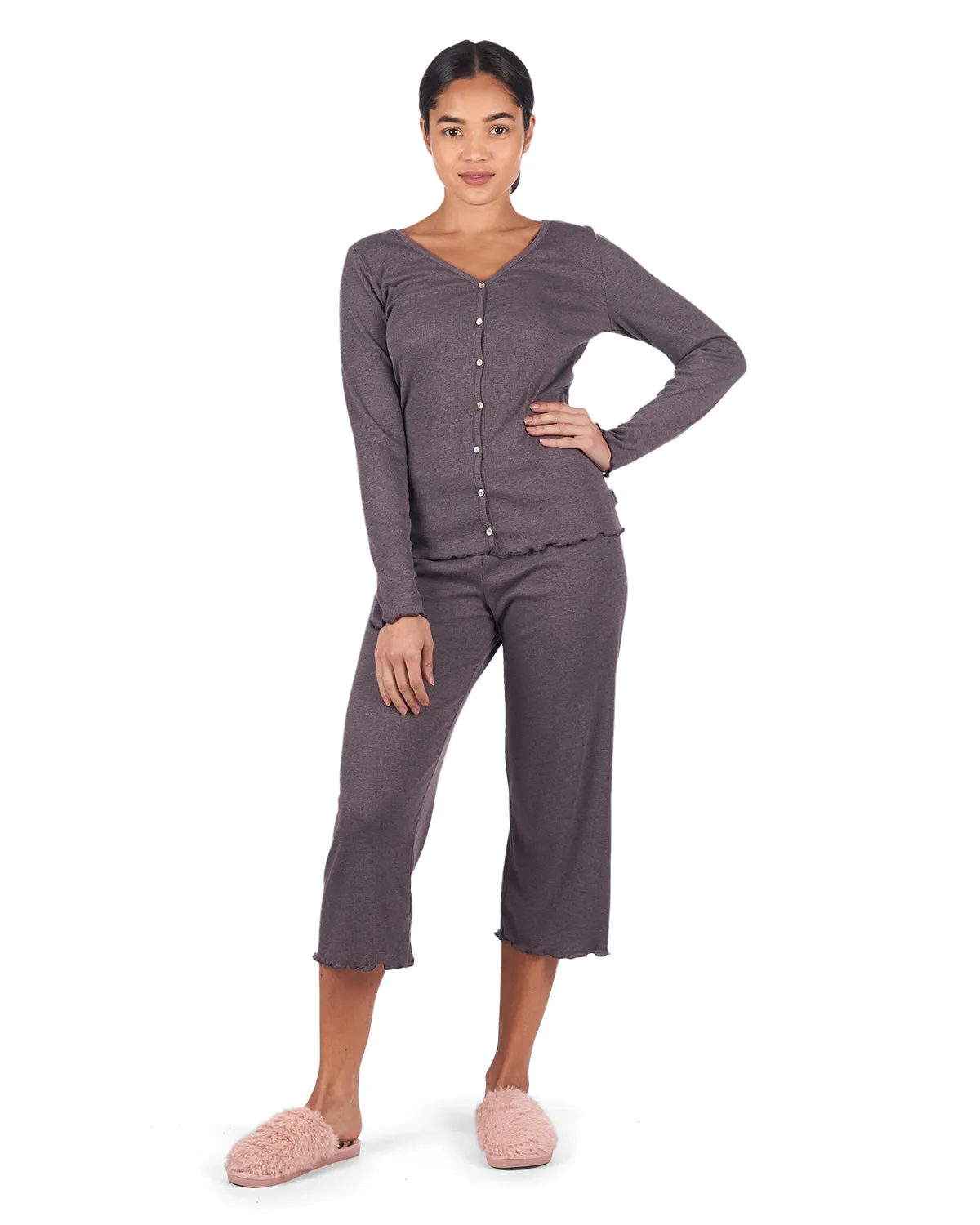 Women's Ruffled Lettuce Edge Rib Long Sleeve and Capri Set